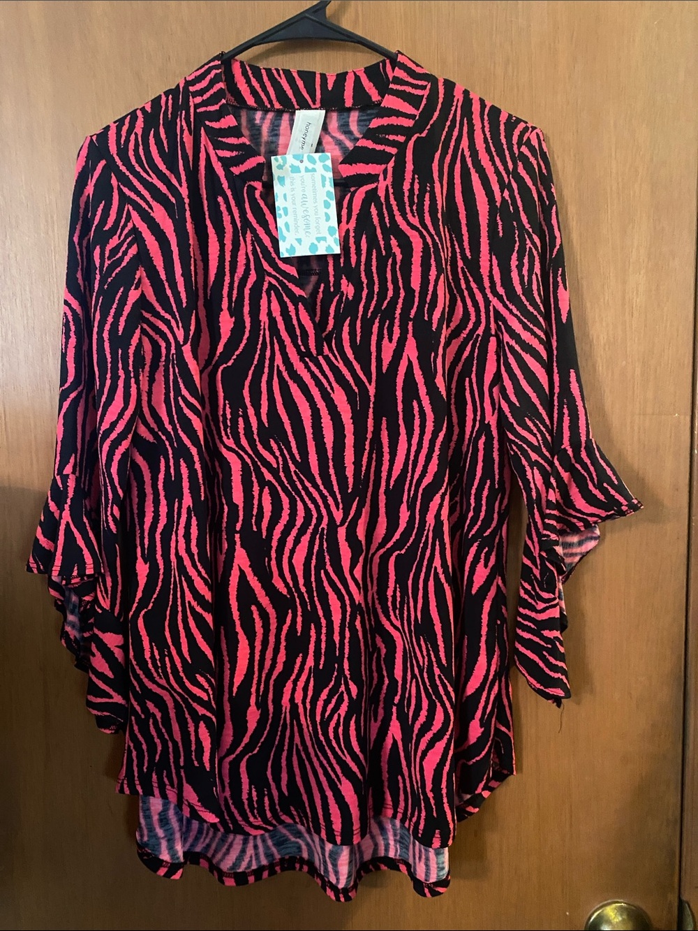 Honeyme Women’s Pink Zebra Print V-Neck Blouse